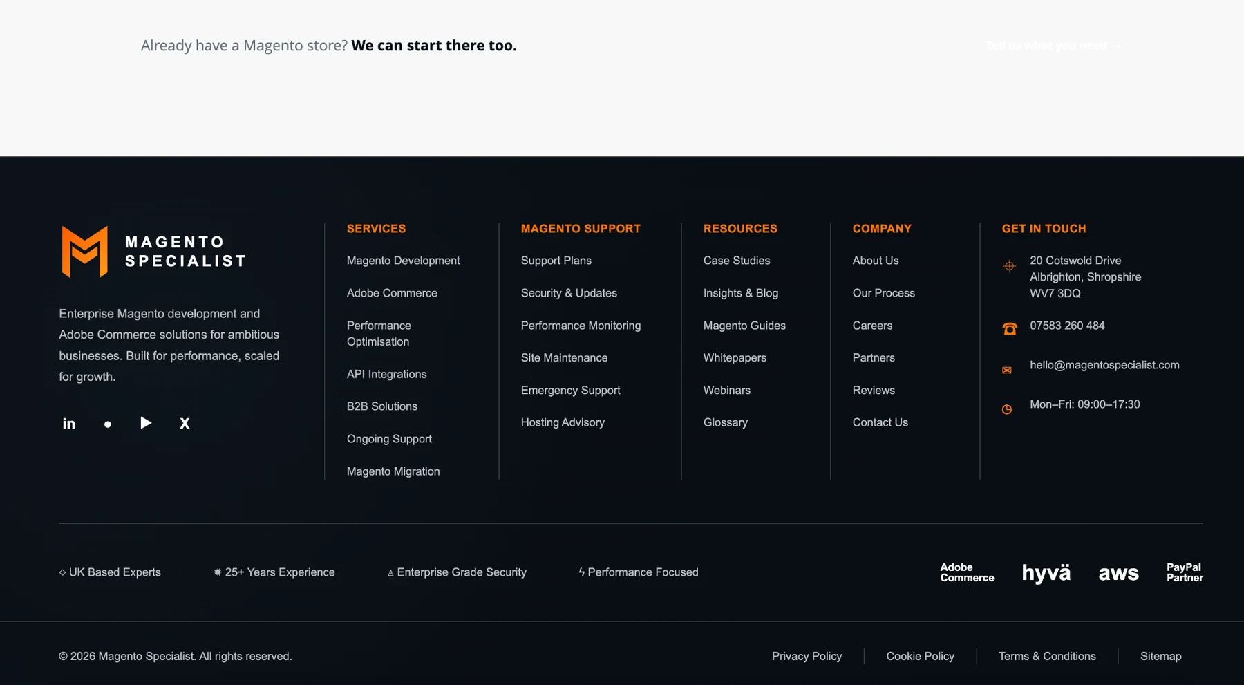 Magento Specialist footer and service navigation