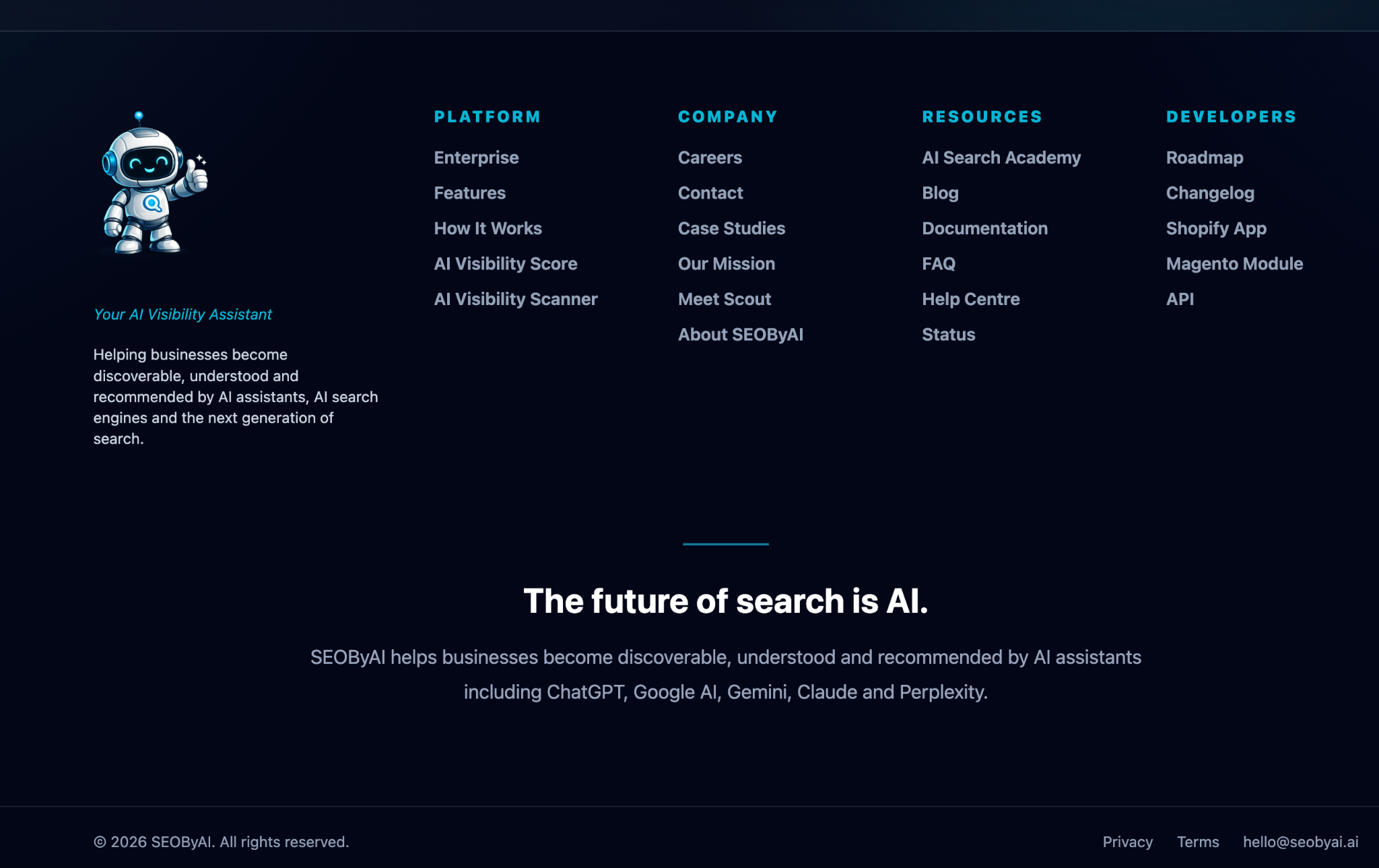 SEOByAI platform footer and navigation design